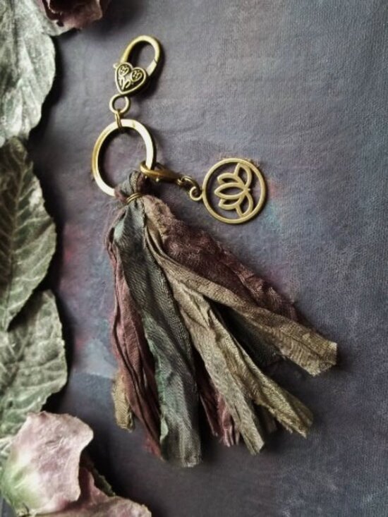 Handmade Accessories - Boho Sari Silk Tassel Keychain Detachable Lotus Charm Recycled Fabric Charm